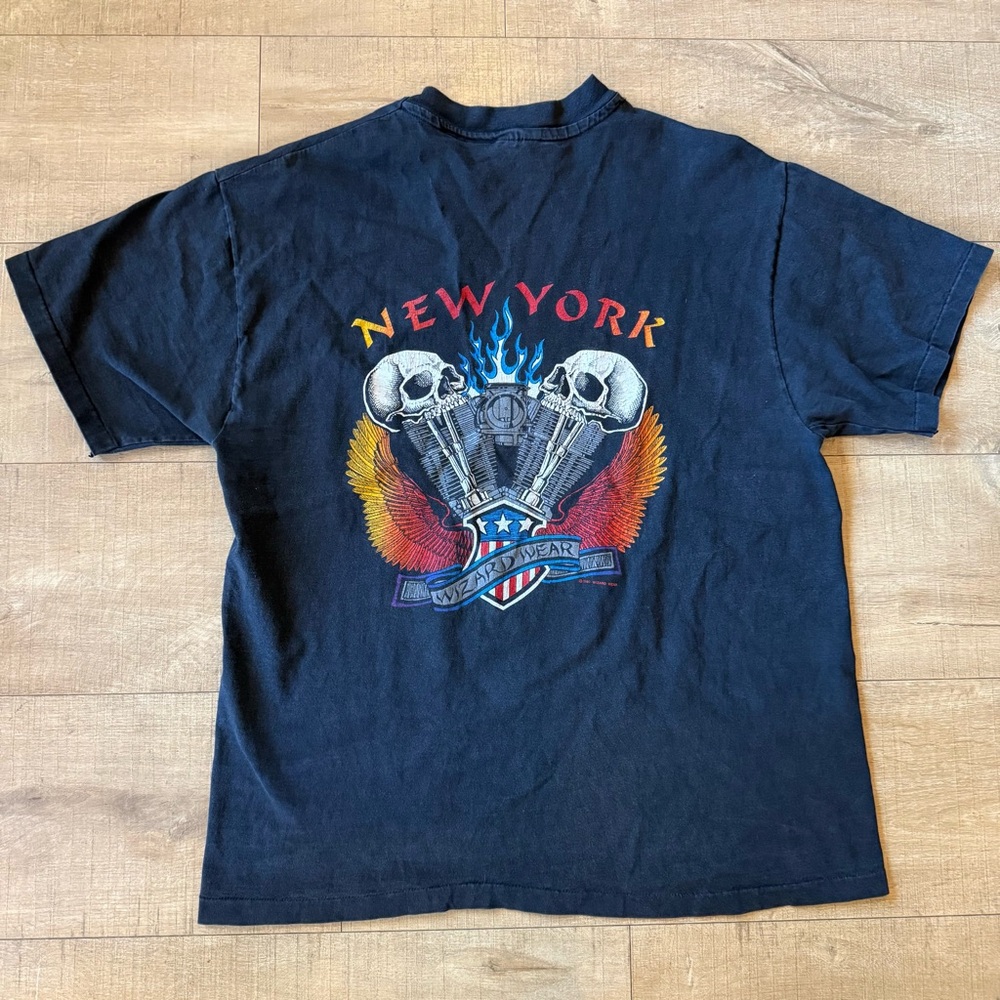 VTG 90s Wizard Wear NewYork Single Stitch Tshirt Skulls Vtwin Large Double Sided